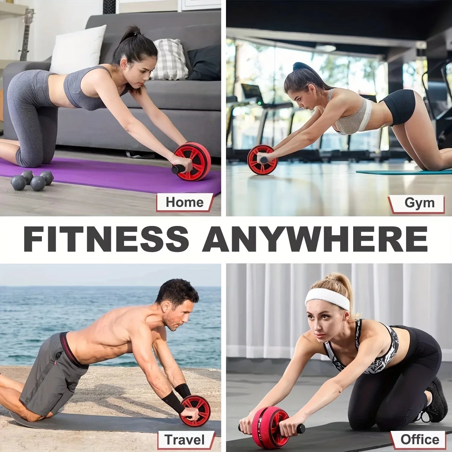 Fitness Abdominal Exercise Wheel - Portable Core Strengthener with Red & Black Grip Bars, Durable PP Material for Abdominal & Chest Muscle Training, Upper Body Workout|Ergonomic Grip Design|Textured Roller Surface, Gym Accessories - Shopeleven