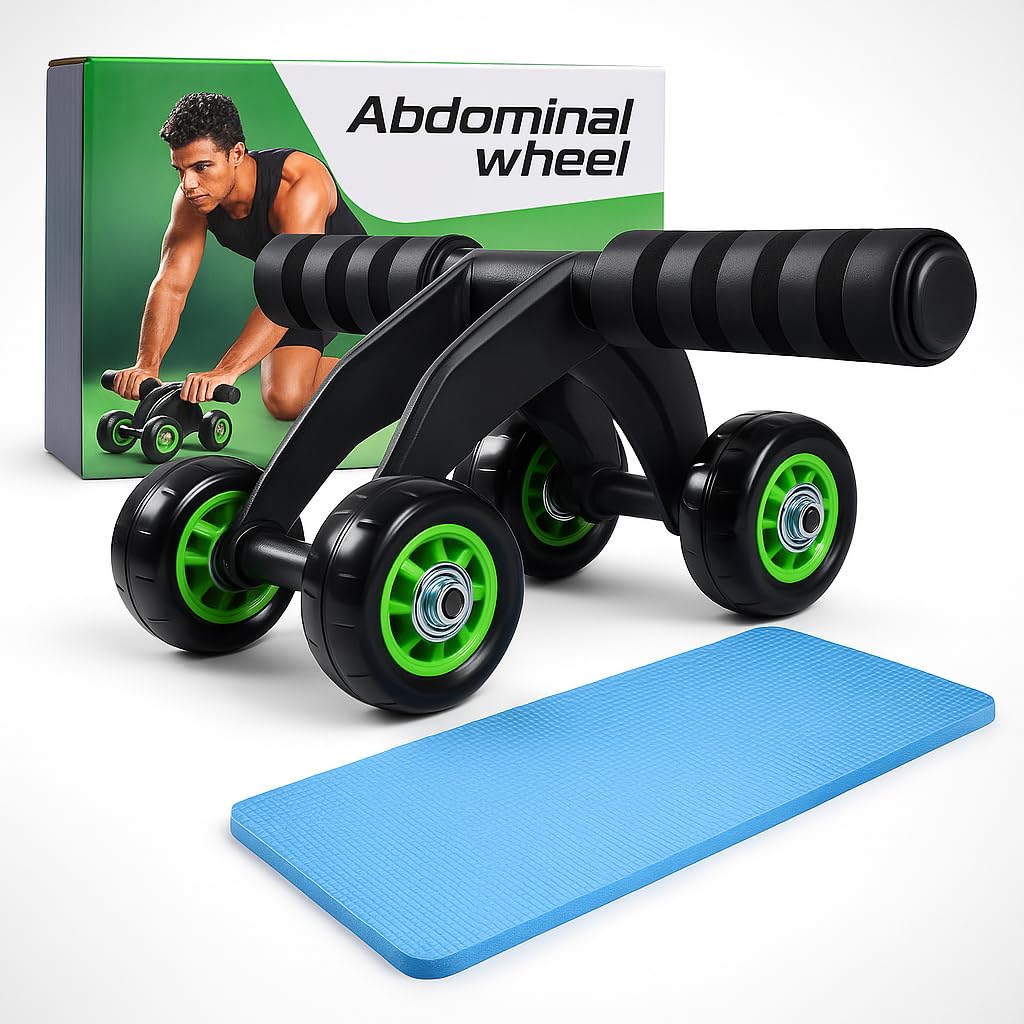 4-Wheel Ab Rollers (With Knee Pads) - Core Strength Training Ab Exercise Wheel, Unisex Stable Ab Training Equipment, Non-Slip Handles, Smooth Ball Bearings, Portable Home Fitness Tool