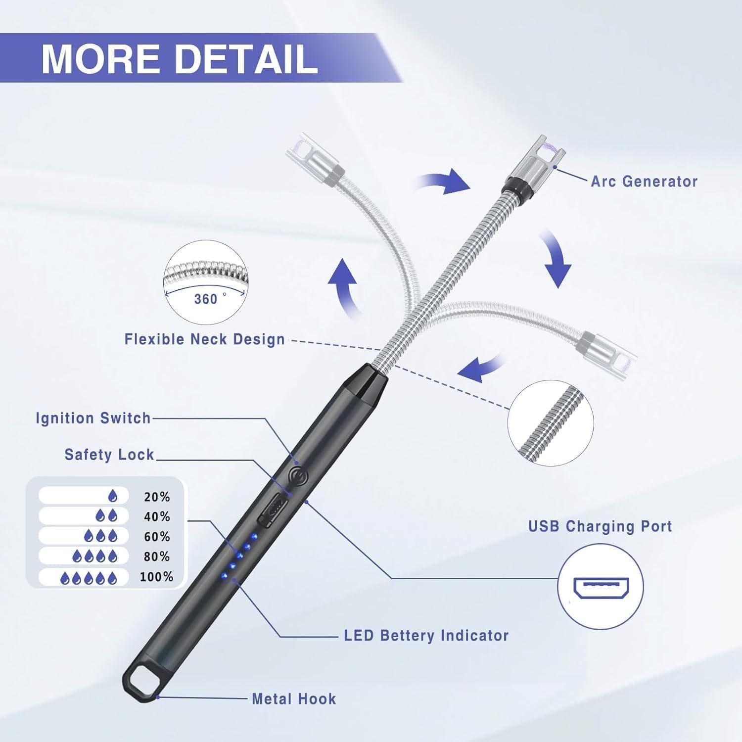 Rechargeable Electric Gas Lighter for Kitchen, Lighter for Gas Stove, Candles, Pooja, C-Type USB, Kitchen Tools, Multi Purpose 360° Flexible & Windproof