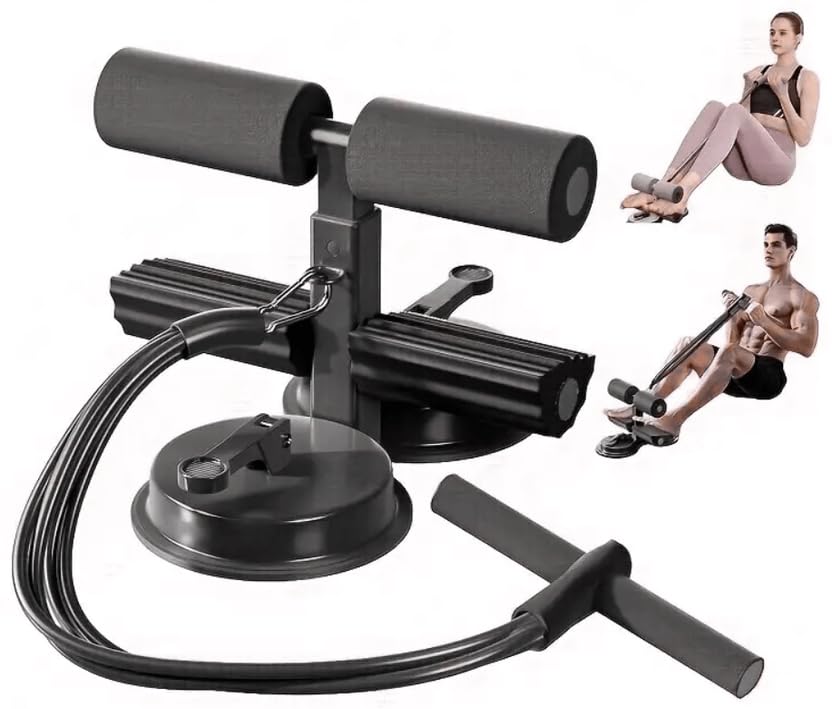 Sit-Up Bar Comes with Resistance Band Foam Handle and Rubber Suction Base | Sturdy Handle | Adjustable Height | Equipment for Sit-ups and Push-ups Assistant Device (Black) (Double suction cup)