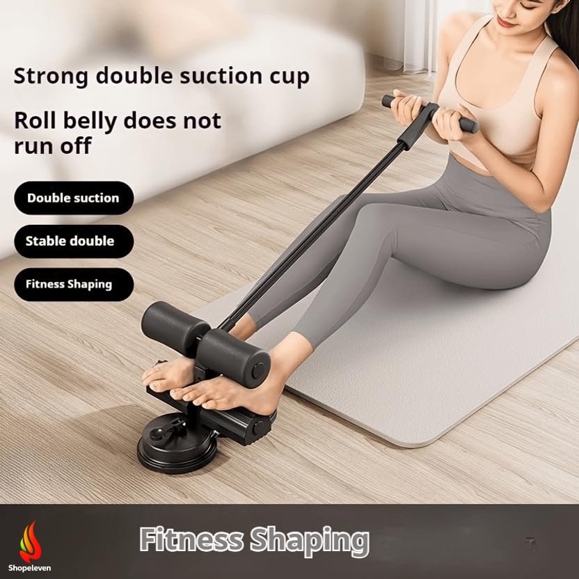 Sit-Up Bar Comes with Resistance Band Foam Handle and Rubber Suction Base | Sturdy Handle | Adjustable Height | Equipment for Sit-ups and Push-ups Assistant Device (Black) (Double suction cup)