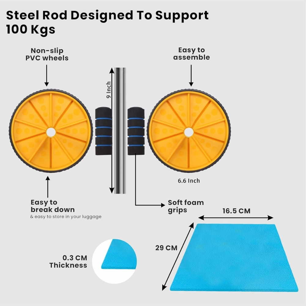 Abs Roller for Men & Women Ultimate Gym Roller for Effective Abs Workout Home Workout, Gym Ab Roller Workout Equipment for Abdominal Ab Roller Home Exercise Mat -Yellow Black