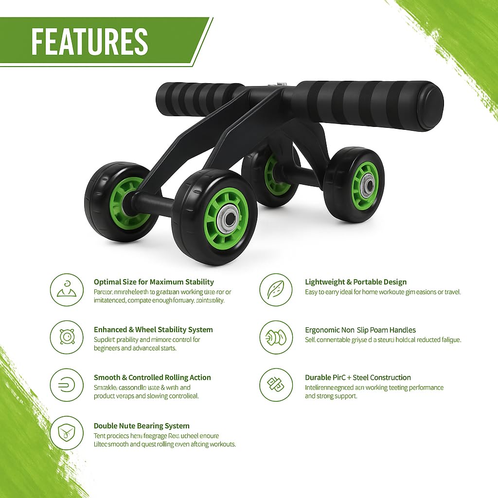 4-Wheel Ab Rollers (With Knee Pads) - Core Strength Training Ab Exercise Wheel, Unisex Stable Ab Training Equipment, Non-Slip Handles, Smooth Ball Bearings, Portable Home Fitness Tool