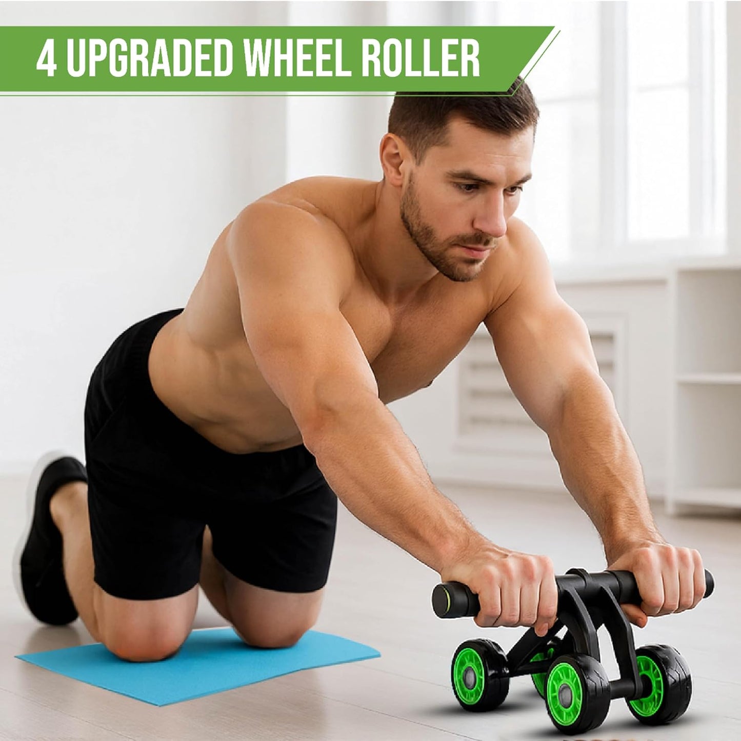4-Wheel Ab Rollers (With Knee Pads) - Core Strength Training Ab Exercise Wheel, Unisex Stable Ab Training Equipment, Non-Slip Handles, Smooth Ball Bearings, Portable Home Fitness Tool