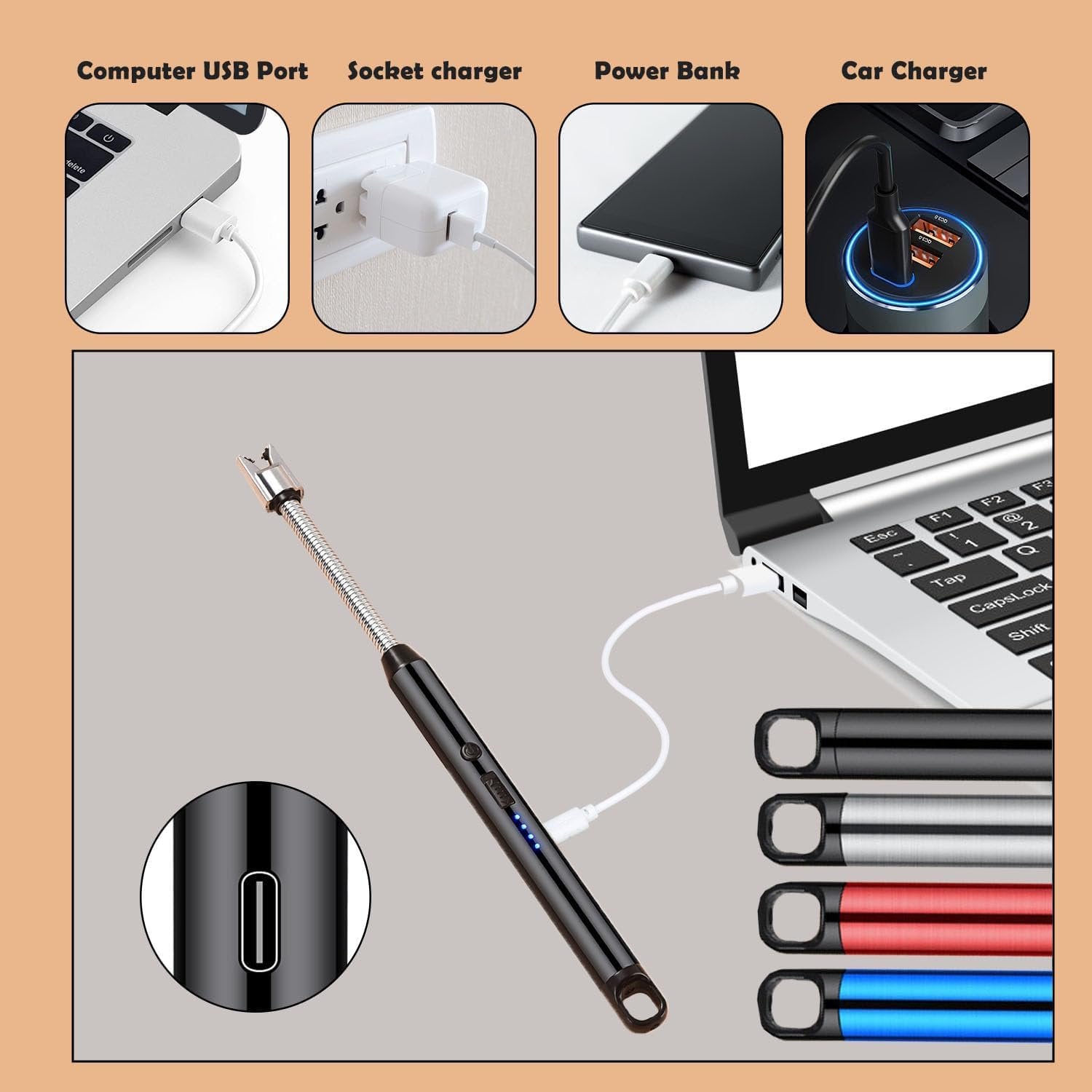 Rechargeable Electric Gas Lighter for Kitchen, Lighter for Gas Stove, Candles, Pooja, C-Type USB, Kitchen Tools, Multi Purpose 360° Flexible & Windproof